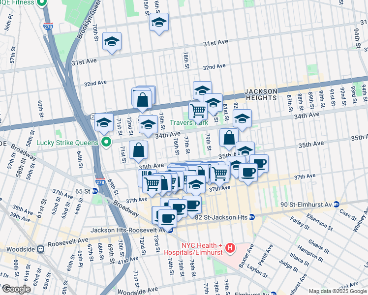 map of restaurants, bars, coffee shops, grocery stores, and more near 34-35 35th Avenue in Queens