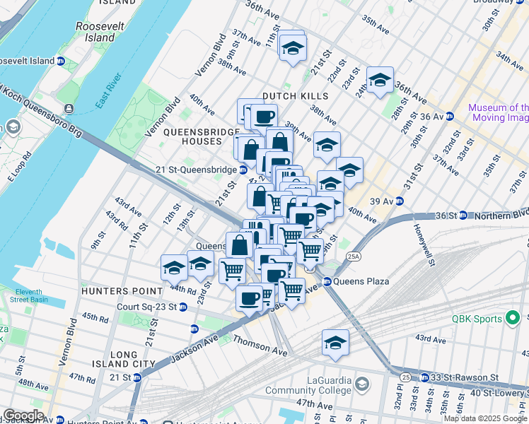 map of restaurants, bars, coffee shops, grocery stores, and more near 41-44 24th Street in Queens