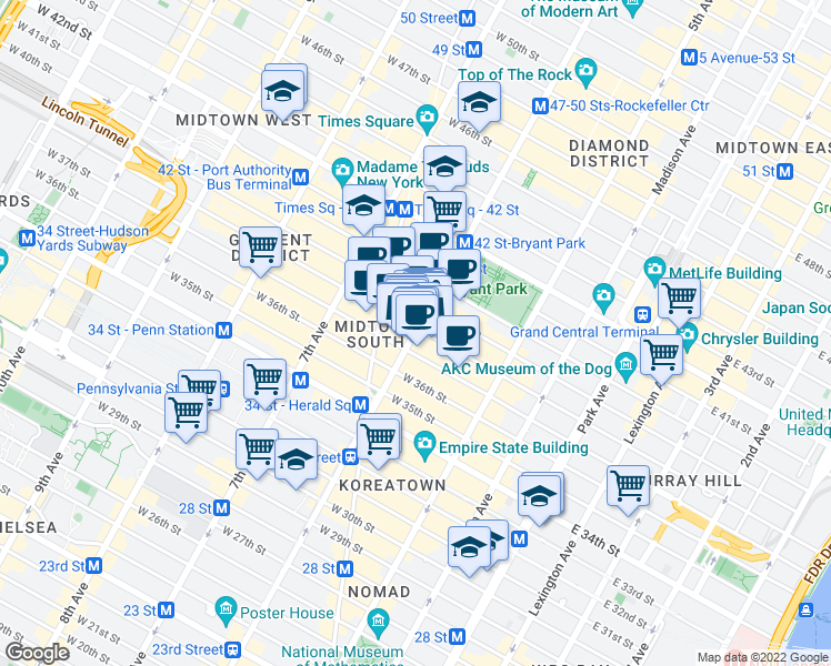 map of restaurants, bars, coffee shops, grocery stores, and more near 112 West 38th Street in New York