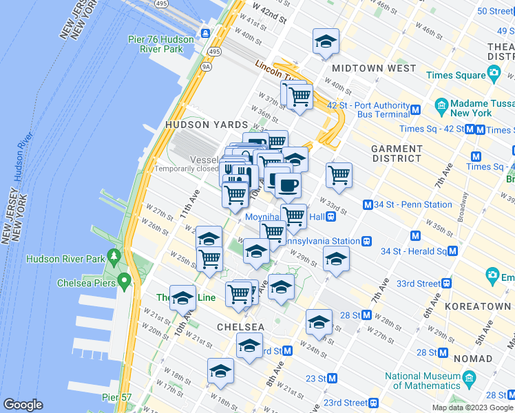map of restaurants, bars, coffee shops, grocery stores, and more near 435 West 30th Street in New York