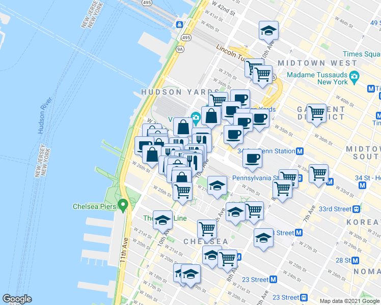 map of restaurants, bars, coffee shops, grocery stores, and more near 519 West 29th Street in New York