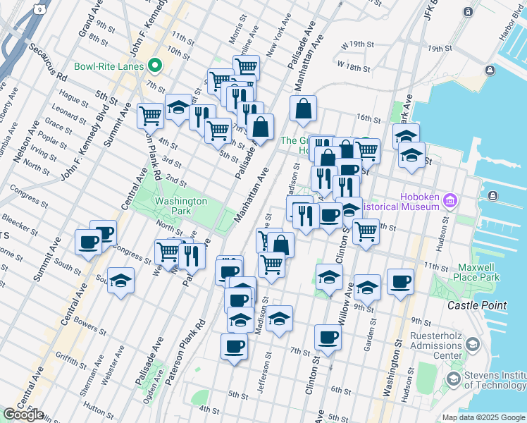 map of restaurants, bars, coffee shops, grocery stores, and more near 300 Manhattan Avenue in Union City