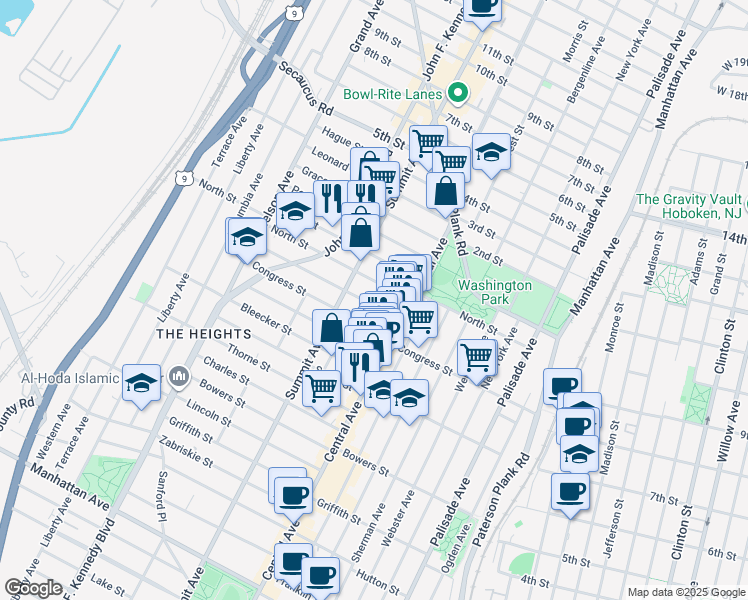 map of restaurants, bars, coffee shops, grocery stores, and more near 14 Graham Street in Jersey City