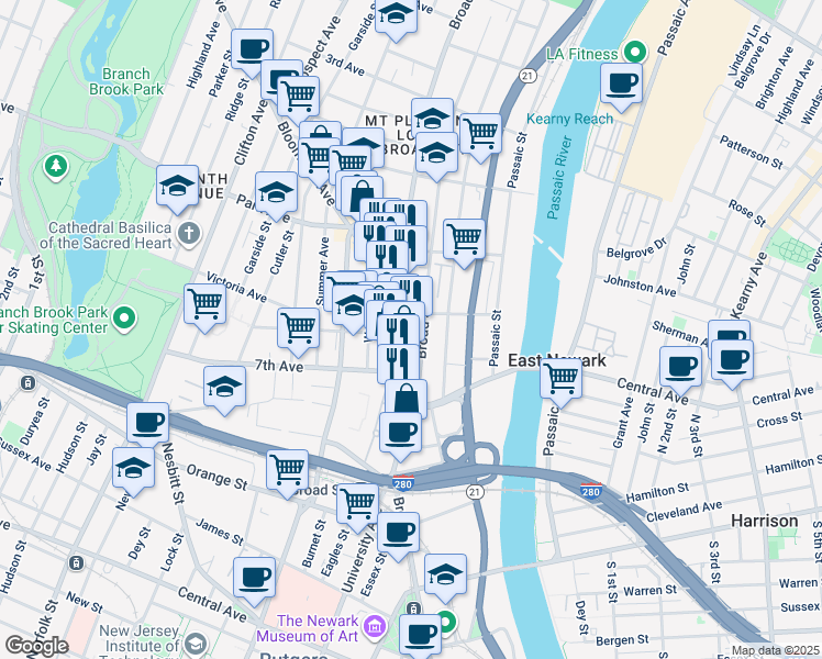 map of restaurants, bars, coffee shops, grocery stores, and more near 53 Broadway in Newark