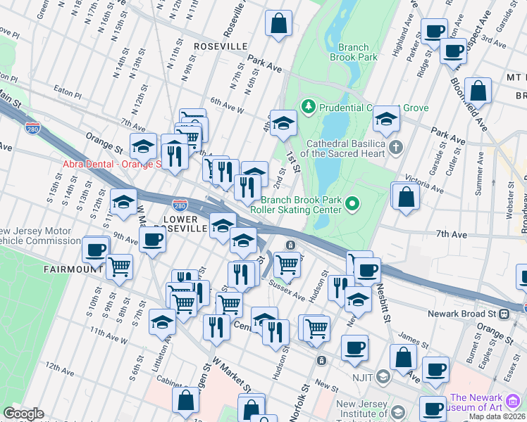 map of restaurants, bars, coffee shops, grocery stores, and more near 407-413 Orange Street in Newark