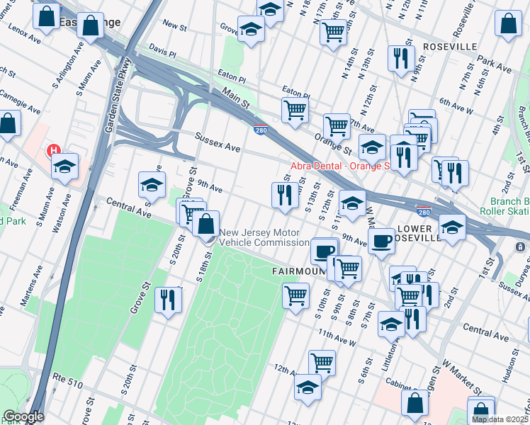 map of restaurants, bars, coffee shops, grocery stores, and more near 78 South 16th Street in East Orange