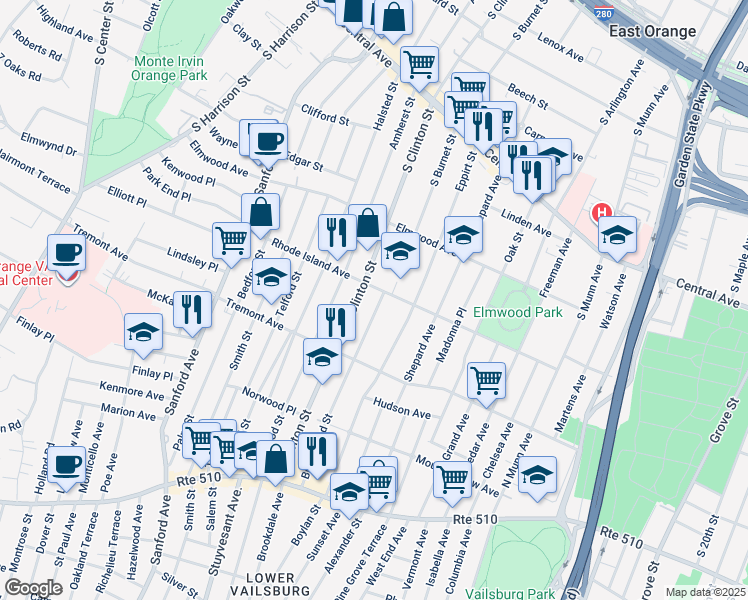 map of restaurants, bars, coffee shops, grocery stores, and more near 11 Brookwood Street in East Orange