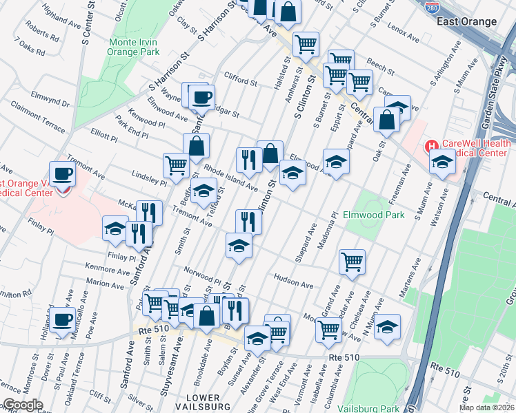 map of restaurants, bars, coffee shops, grocery stores, and more near 394 Amherst Street in East Orange