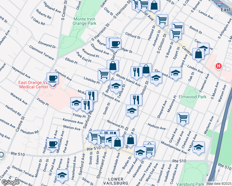 map of restaurants, bars, coffee shops, grocery stores, and more near 115 Telford Street in East Orange