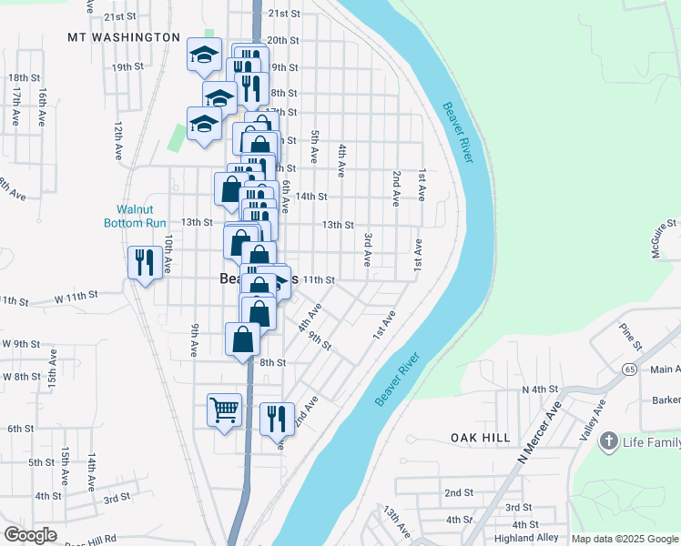 map of restaurants, bars, coffee shops, grocery stores, and more near 414 11th Street in Beaver Falls