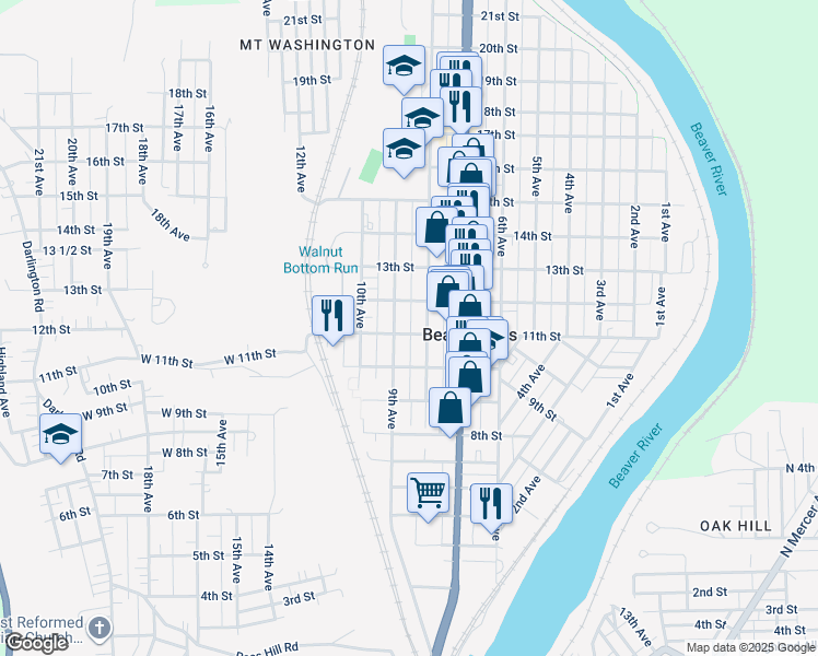 map of restaurants, bars, coffee shops, grocery stores, and more near 1026 9th Avenue in Beaver Falls