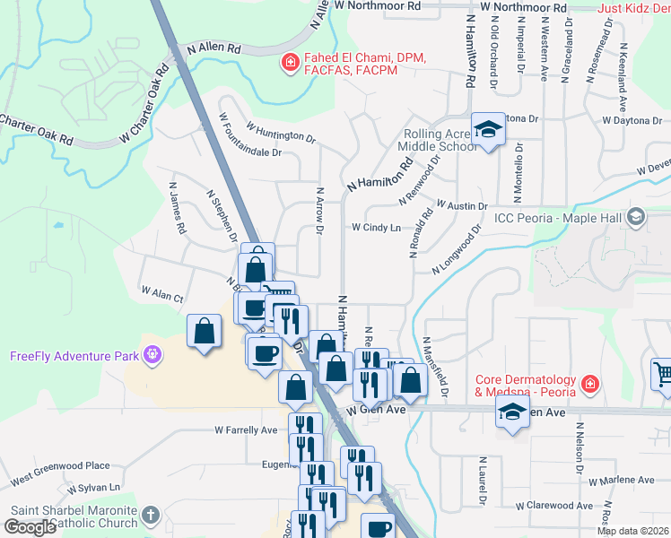 map of restaurants, bars, coffee shops, grocery stores, and more near 5225 North Hamilton Road in Peoria