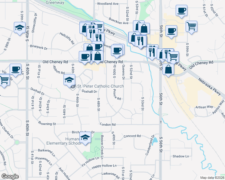 map of restaurants, bars, coffee shops, grocery stores, and more near 5013 Prince Road in Lincoln
