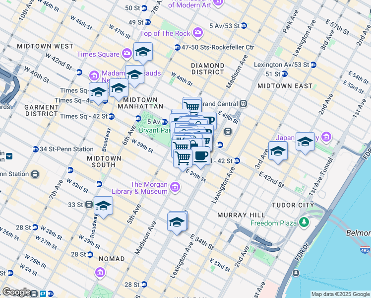 map of restaurants, bars, coffee shops, grocery stores, and more near 18 East 41st Street in New York