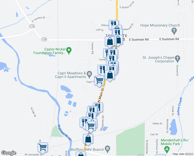 map of restaurants, bars, coffee shops, grocery stores, and more near 2 Capri Court in Bluffton