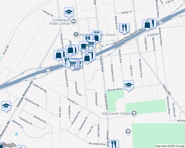 map of restaurants, bars, coffee shops, grocery stores, and more near 29 Ivy Hill Road in Oakdale