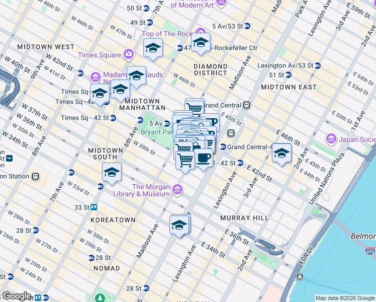 map of restaurants, bars, coffee shops, grocery stores, and more near 18 East 41st Street in New York