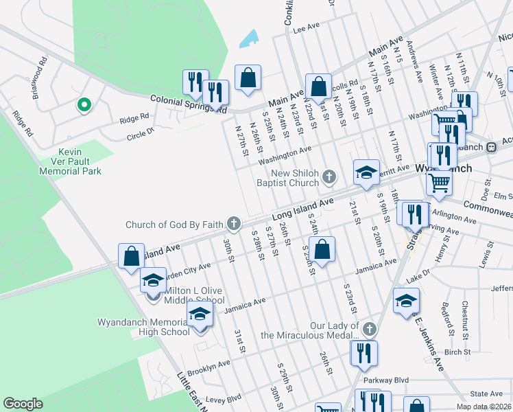 map of restaurants, bars, coffee shops, grocery stores, and more near 131 Merritt Avenue in Wheatley Heights