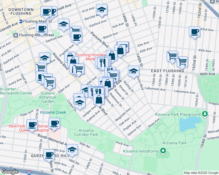 map of restaurants, bars, coffee shops, grocery stores, and more near 46-06 Bowne Street in Queens