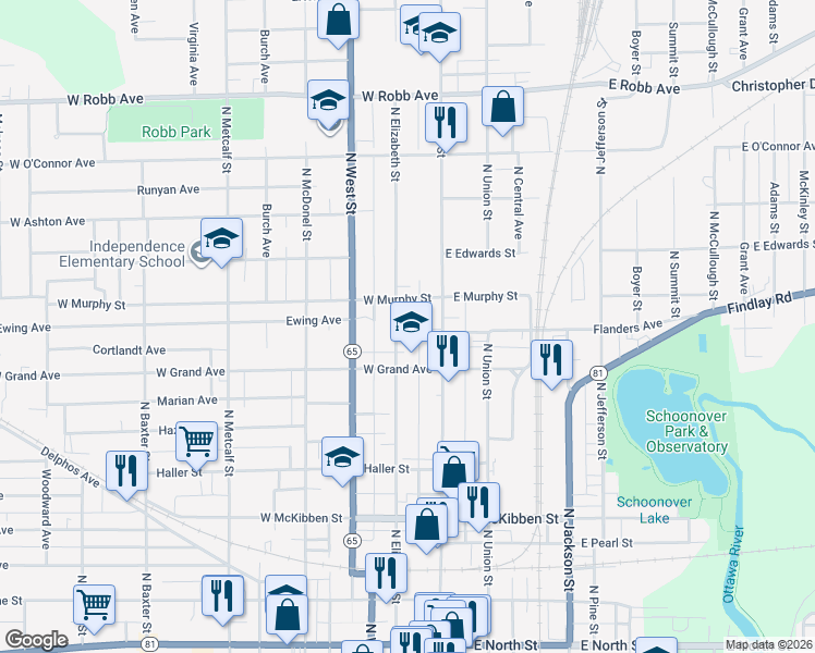 map of restaurants, bars, coffee shops, grocery stores, and more near 732 North Elizabeth Street in Lima