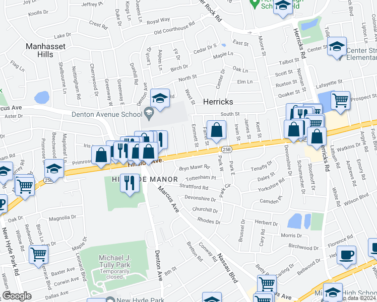 map of restaurants, bars, coffee shops, grocery stores, and more near 401 Hillside Avenue in New Hyde Park