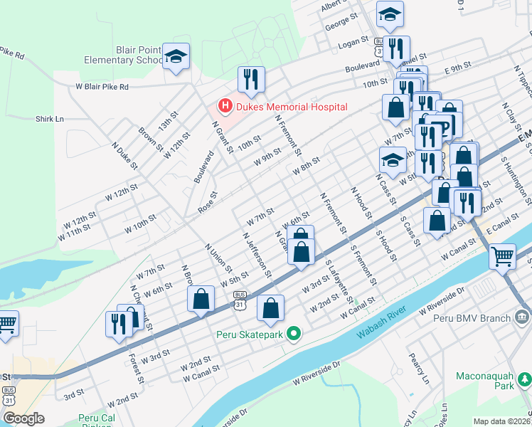map of restaurants, bars, coffee shops, grocery stores, and more near 301 West 7th Street in Peru