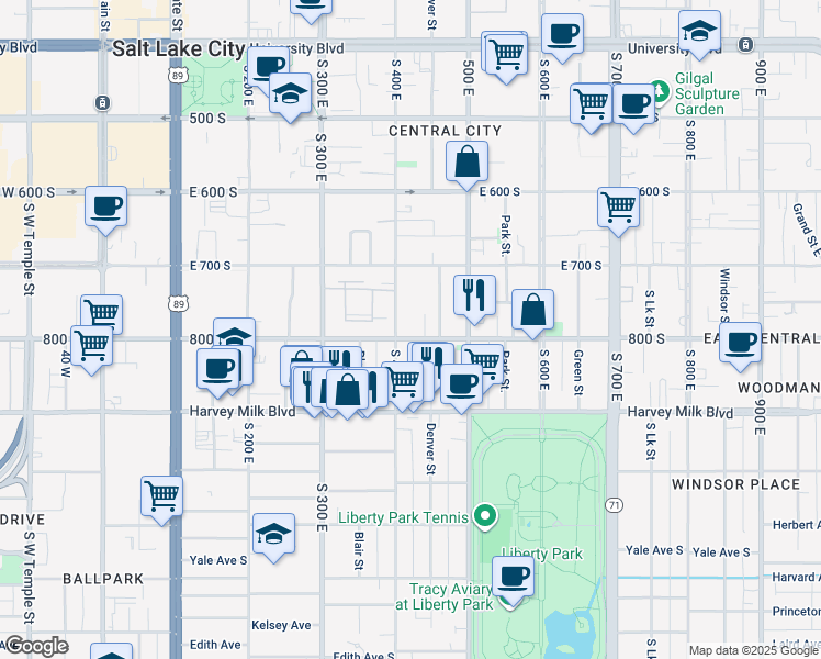 map of restaurants, bars, coffee shops, grocery stores, and more near 409 800 South in Salt Lake City