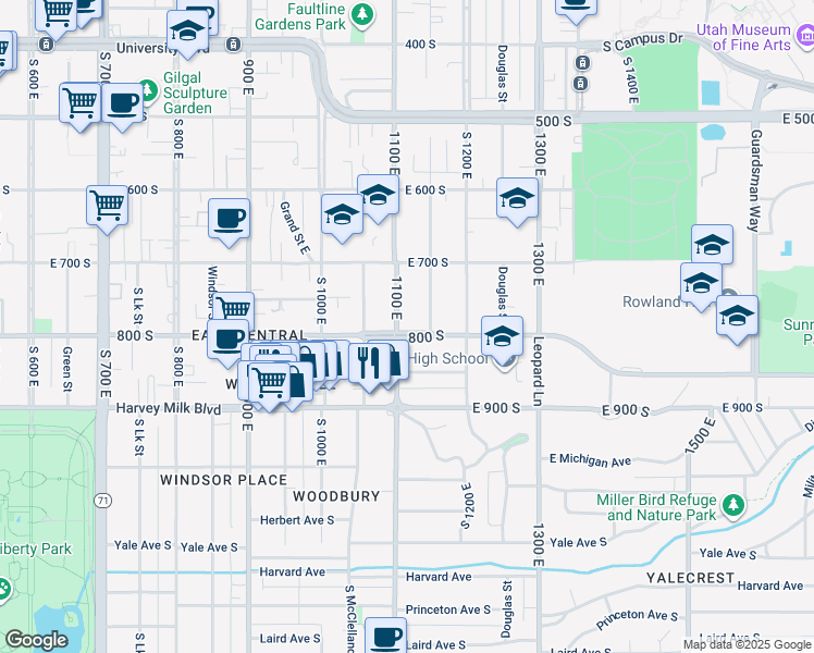 map of restaurants, bars, coffee shops, grocery stores, and more near 789 South 1100 East in Salt Lake City
