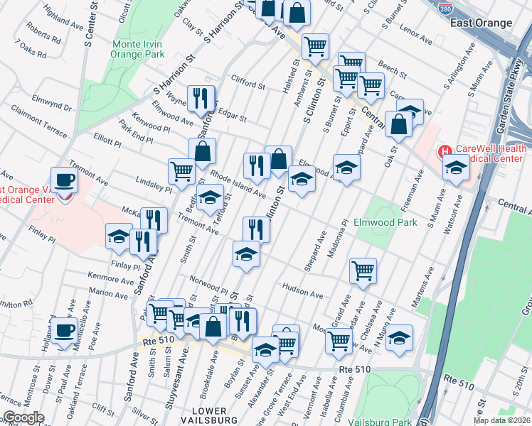 map of restaurants, bars, coffee shops, grocery stores, and more near 394 Amherst Street in East Orange