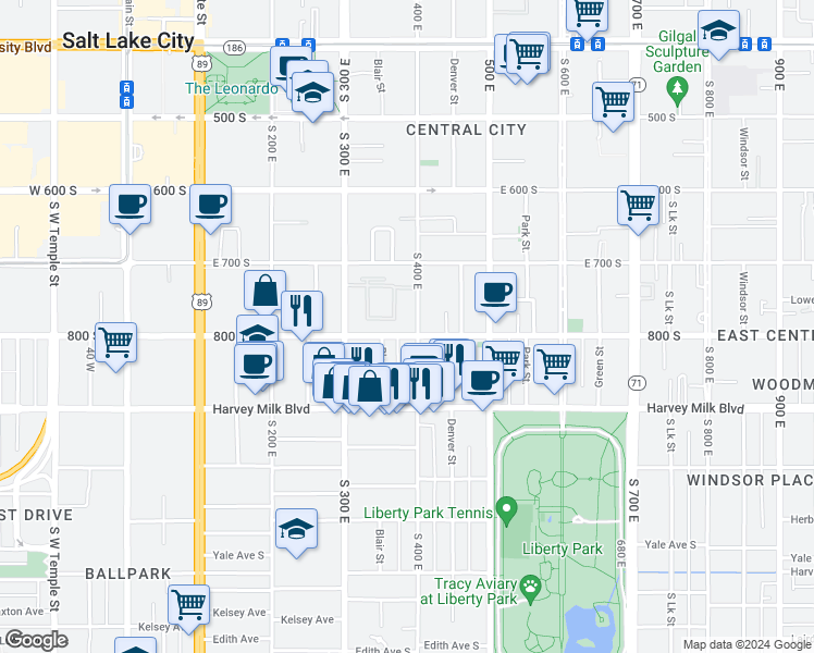 map of restaurants, bars, coffee shops, grocery stores, and more near 361 800 South in Salt Lake City