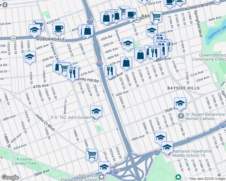 map of restaurants, bars, coffee shops, grocery stores, and more near 48-43 205th Street in Queens
