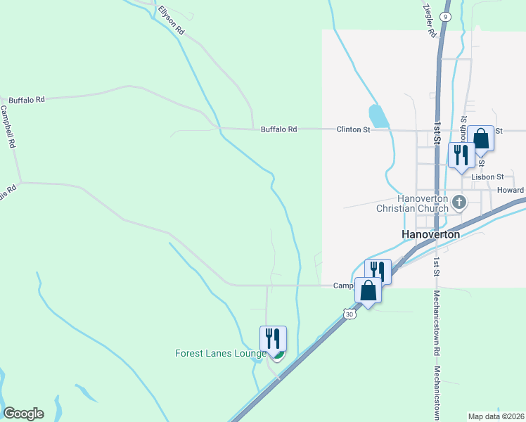 map of restaurants, bars, coffee shops, grocery stores, and more near 29554 Campbell Road in Hanoverton