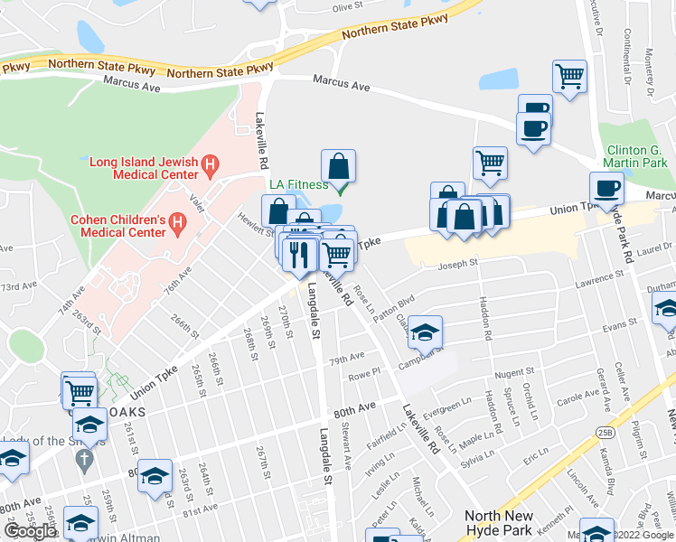 map of restaurants, bars, coffee shops, grocery stores, and more near 2062 Lakeville Road in New Hyde Park