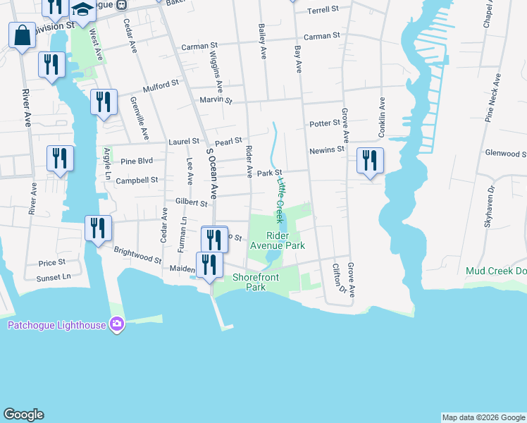 map of restaurants, bars, coffee shops, grocery stores, and more near 361 Rider Avenue in Patchogue