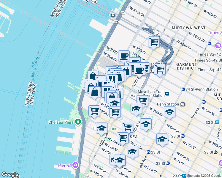 map of restaurants, bars, coffee shops, grocery stores, and more near 550 West 29th Street in New York
