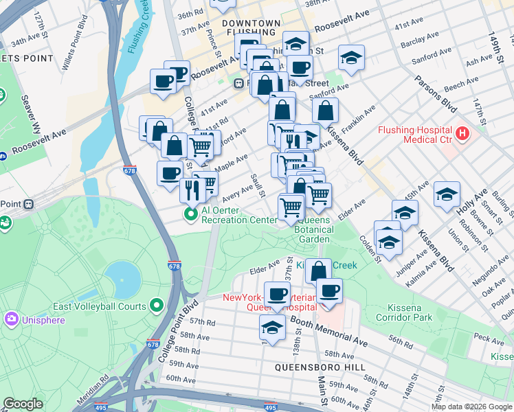 map of restaurants, bars, coffee shops, grocery stores, and more near 42-83 Crommelin Street in Queens