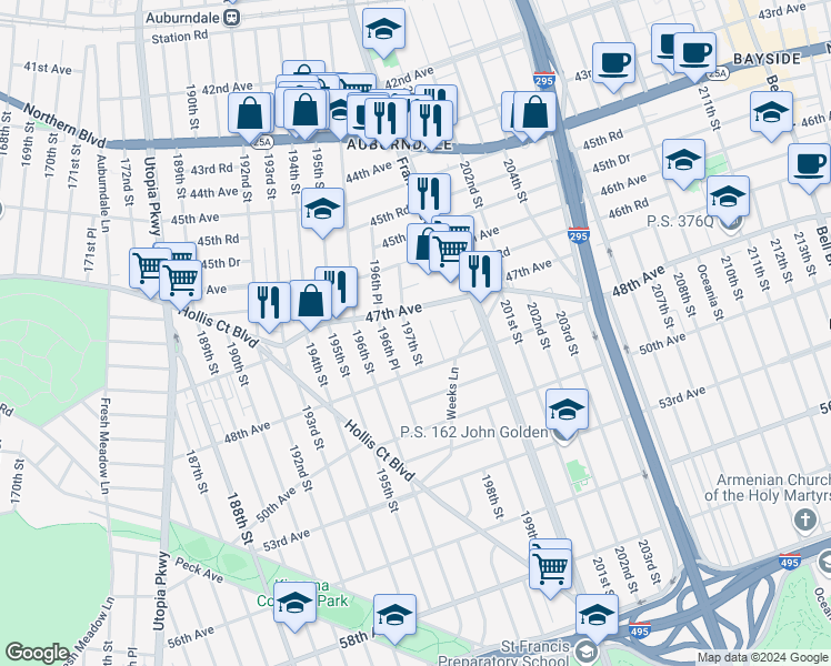 map of restaurants, bars, coffee shops, grocery stores, and more near 47-21 197th Street in Queens