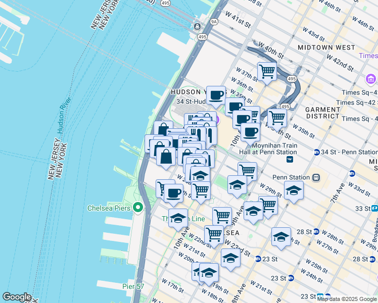 map of restaurants, bars, coffee shops, grocery stores, and more near 282 11th Avenue in New York