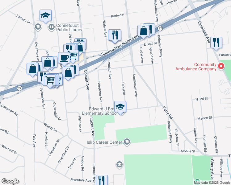 map of restaurants, bars, coffee shops, grocery stores, and more near 545 Walnut Avenue in Bohemia