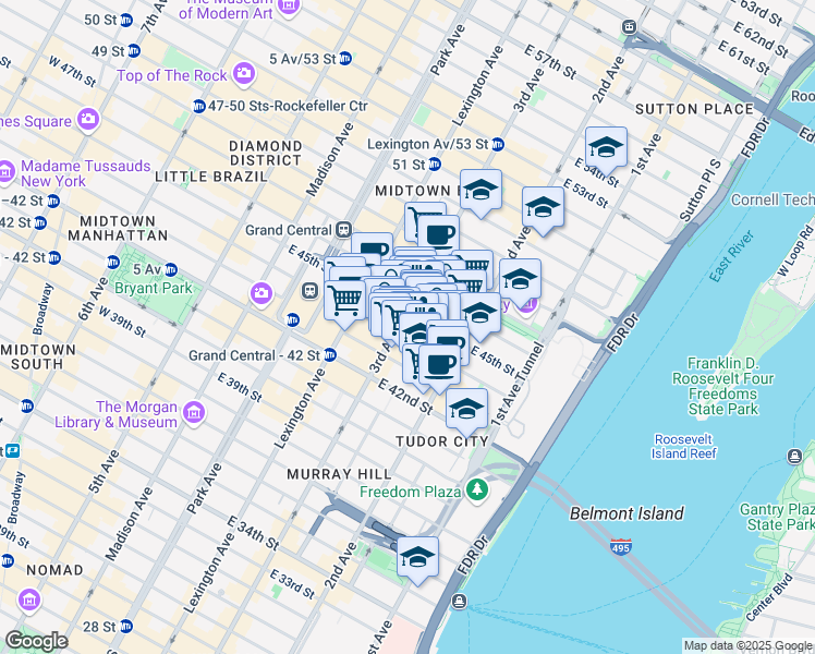 map of restaurants, bars, coffee shops, grocery stores, and more near 711 3rd Avenue in New York