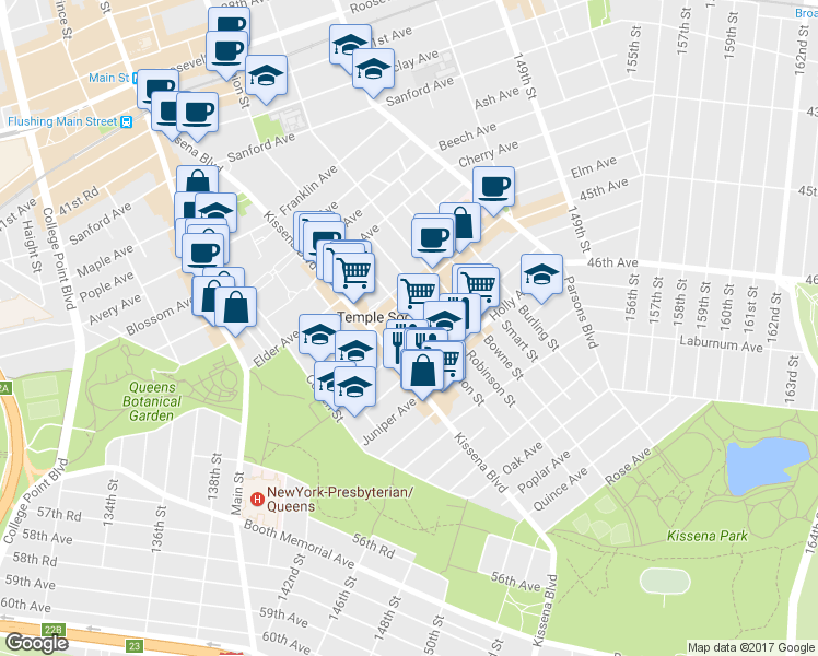 map of restaurants, bars, coffee shops, grocery stores, and more near 45-24 Union Street in Queens