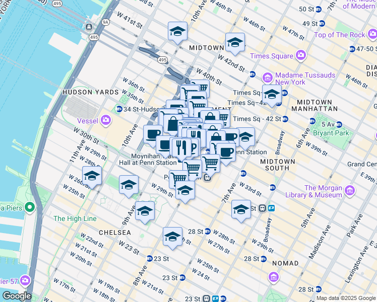 map of restaurants, bars, coffee shops, grocery stores, and more near 325 West 33rd Street in New York