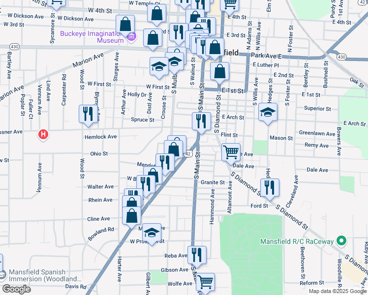 map of restaurants, bars, coffee shops, grocery stores, and more near 235 South Mulberry Street in Mansfield