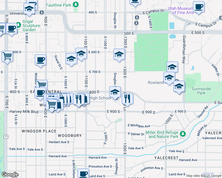 map of restaurants, bars, coffee shops, grocery stores, and more near 1221 East 800 South in Salt Lake City