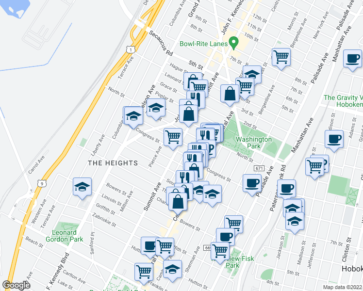 map of restaurants, bars, coffee shops, grocery stores, and more near 41 Graham Street in Jersey City