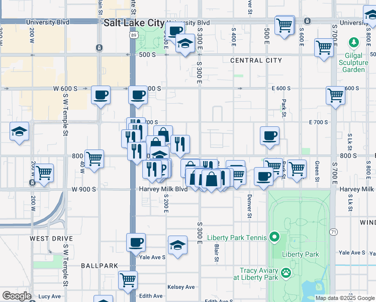 map of restaurants, bars, coffee shops, grocery stores, and more near 253 800 South in Salt Lake City
