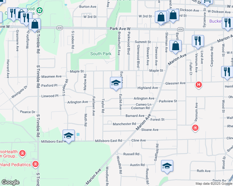 map of restaurants, bars, coffee shops, grocery stores, and more near 240 Euclid Avenue in Mansfield