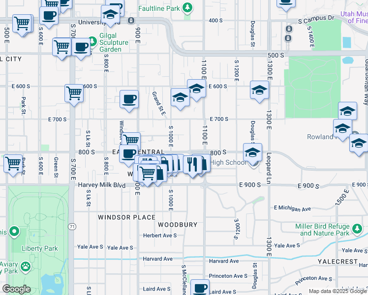 map of restaurants, bars, coffee shops, grocery stores, and more near 1031 East 800 South in Salt Lake City