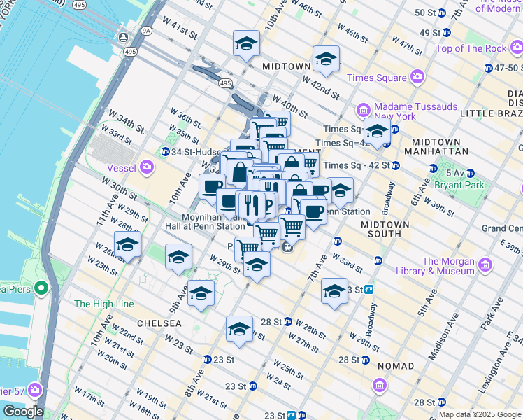 map of restaurants, bars, coffee shops, grocery stores, and more near 325 West 33rd Street in New York