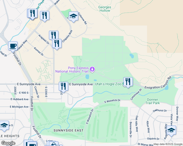 map of restaurants, bars, coffee shops, grocery stores, and more near 2599 East Sunnyside Avenue in Salt Lake City